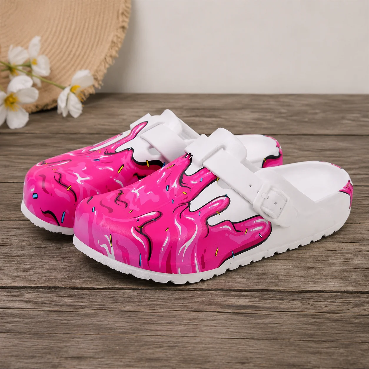 Damen-Krankenschwesterschuhe mit rosa Donut-Muster, geschlossene Zehenpartie, verstellbarer Riemen, zum Überziehen, Pflegeschuhe. – Detail 1