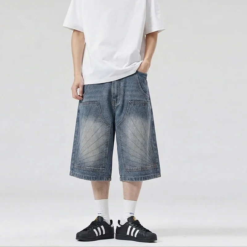 Opening Sale |Men's Radial Stitch Denim Shorts Vintage Washed Baggy 7-Point Wide Leg Streetwear Jean Shorts for Men
