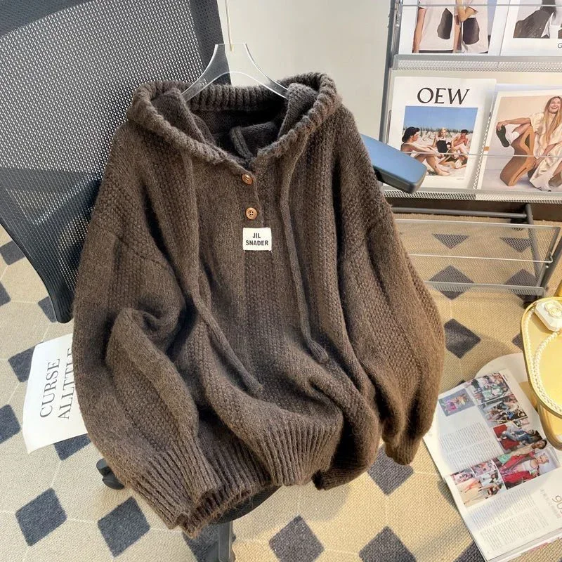 Maglione con cappuccio lavorato a maglia coreano donna autunno inverno maniche lunghe bottoni caldi Pullover allentato Solid Harajuku Lazy Sprots