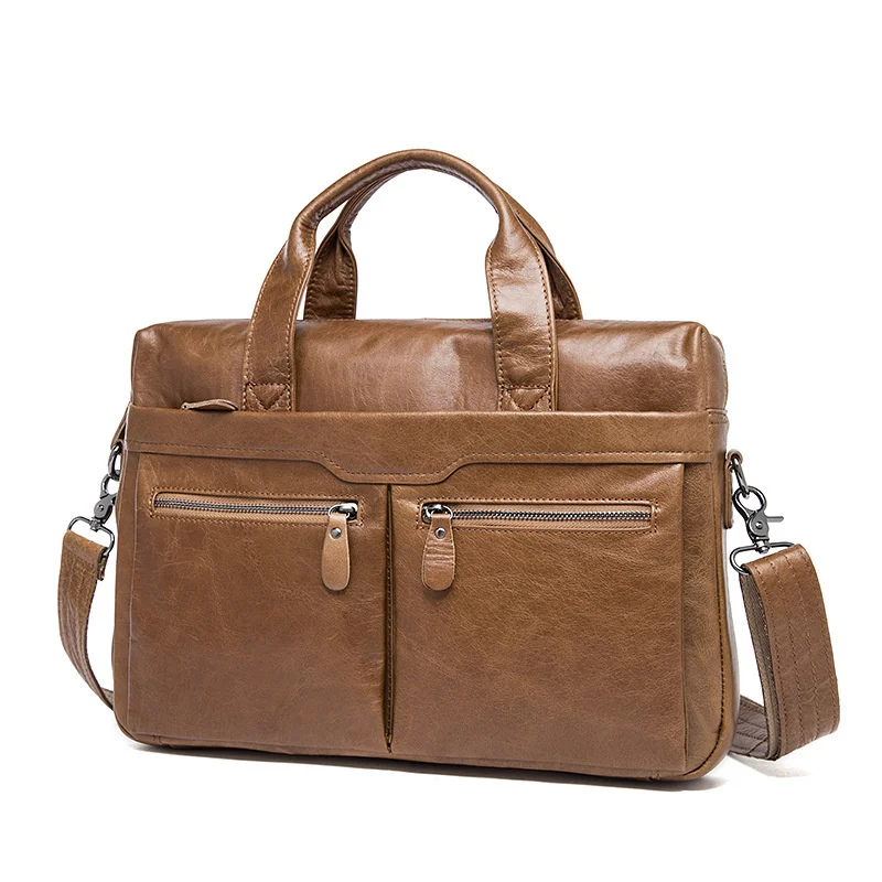 Tas kantor kulit asli untuk pria, tas kurir, dokumen Laptop 14 inci, tas kerja kulit asli untuk pria