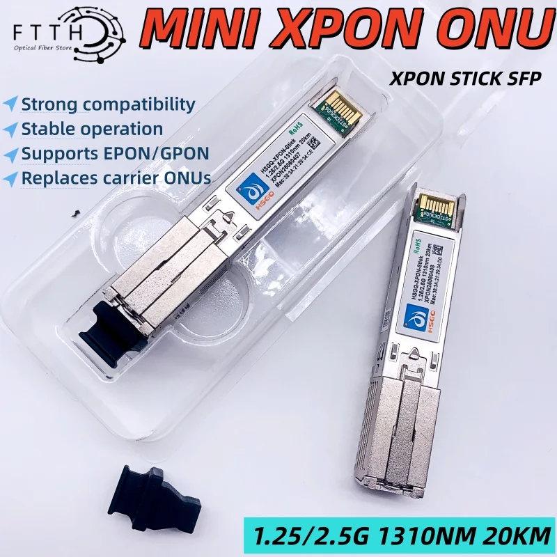 MINI XPON ONU HSGQ Xpon Stick ONU SFP Stick With MAC PPPoE IPoE HGU 20KM SC Connector 1310/1490nm OLT ONU MAC support epon/gpon