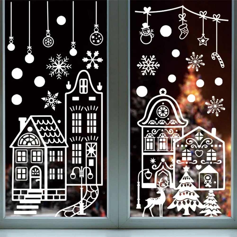 Christmas Window Decals Winter Village Stickers PVC for Mirrors Glass 70x40cm 32pcs 4 Sheets Festive Decoration Set