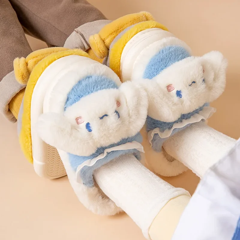 

Sanrio Cinnamoroll Melody Kuromi Plush Cotton Slippers, Girl's Winter Home Decor, Cute Warm Thick Bottom Shoes with Cover Heels
