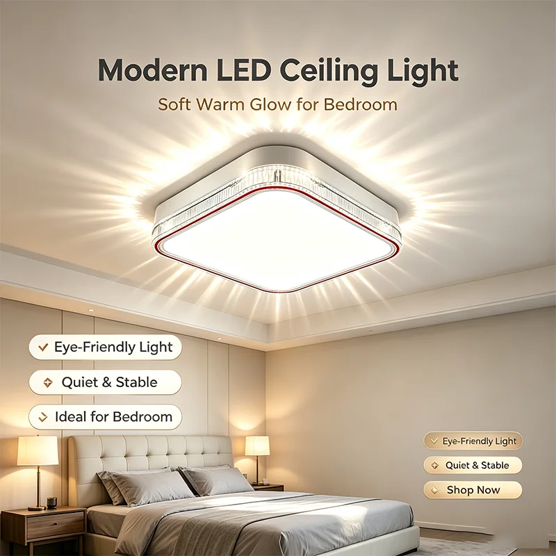 Modern Flush Mount Square LED Ceiling Lamp 3 Color Dimmable Home Lighting Fixture for Bedroom Kitchen Hallway