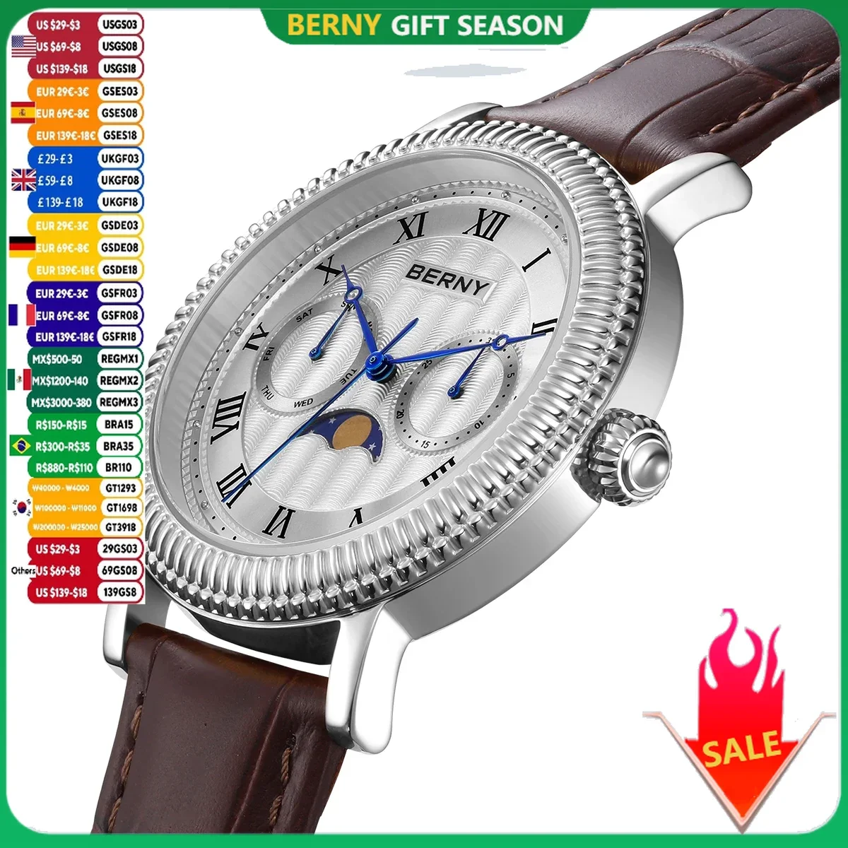 BERNY Watches for Men 40mm Analog Calendar Real Moon Phase Men\'s Dress Quartz Watch Leather Strap Stainless Steel Case Business