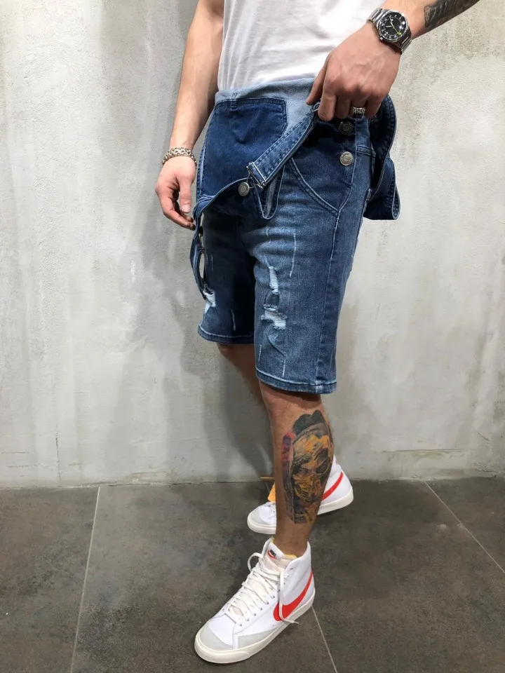 Men Jeans Shorts Denim Holes Solid High Waist Spliced Knee Length Washing Pockets Straight Distressed Overalls One Piece