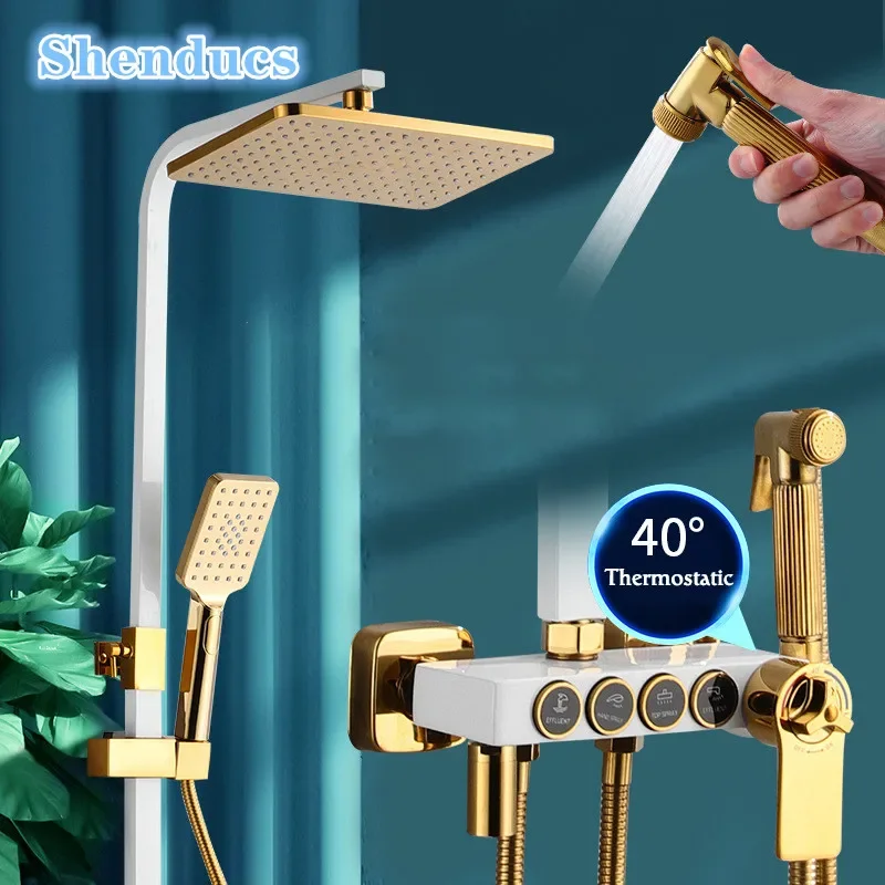 

Thermostatic Bathroom Shower Set White Gold Bathroom Faucet Accessories 12 Inch Rain Shower Head Hot Cold Bathroom Shower System