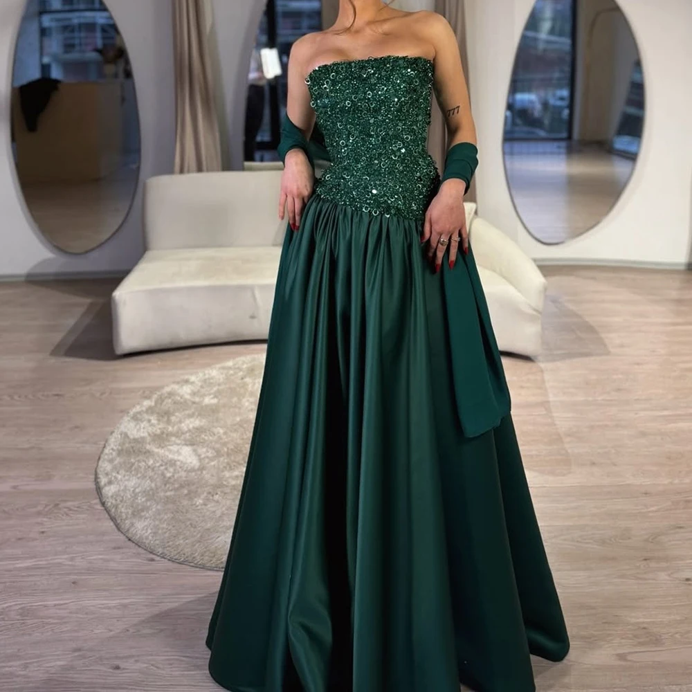 

Women's A-line Evening Dresses Floor-length Strapless Sleeveless Prom Gown Fashion Sequined Simple Stole Draped Customized Gowns
