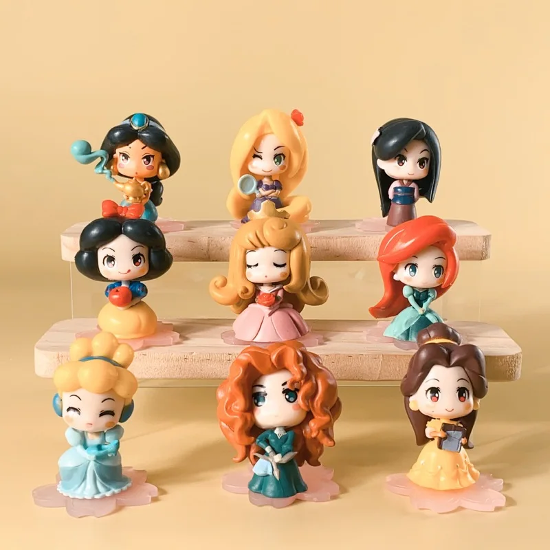 9pcs/set Disney Princess Series Anime Figure Snowwhite Mermaid Bella Kawaii Cartoon Q Ver Ornament Doll Collection Toy Girl Gift