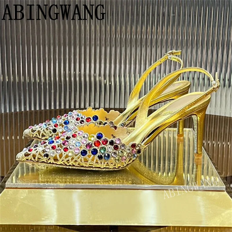 

2025 Summer New Leather Rhinestone Thin High Heels Sandals Pointed Toe Buckle Strap Sexy Party Shoes Women Mujer