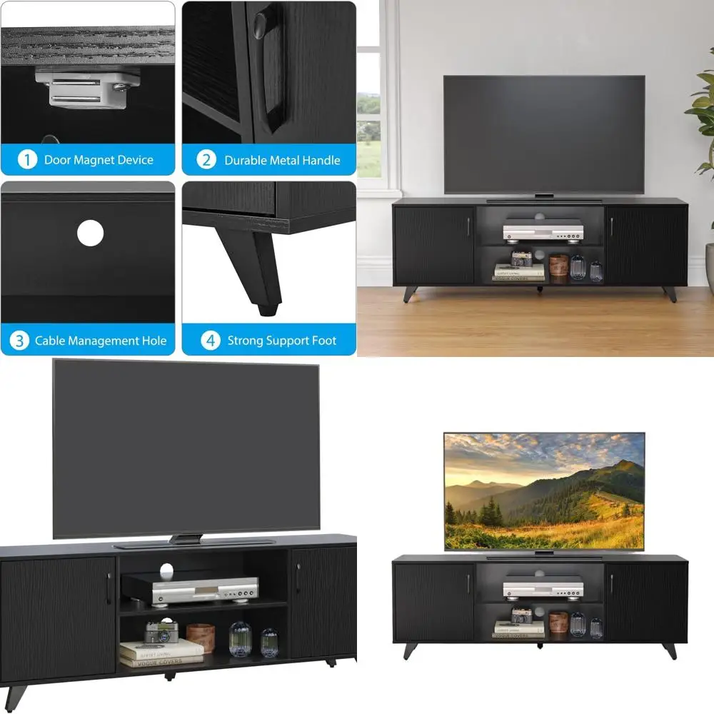 

Black Mid-Century Wooden TV Stand with 2 Doors, 53.5 Entertainment Center for Living Room, 15 x 21.7 Console Table