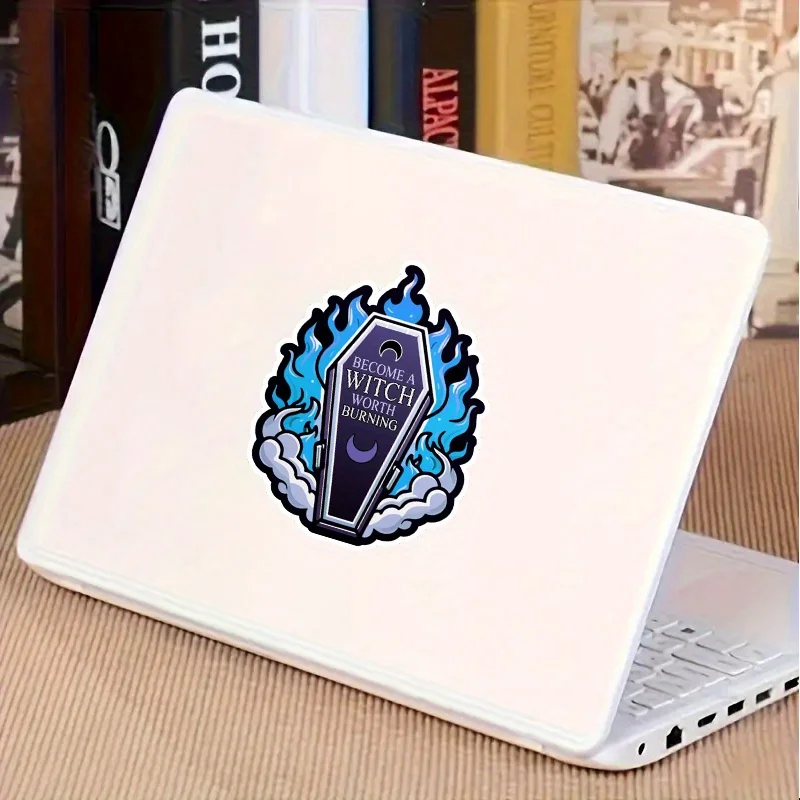 قطعة واحدة من ملصق نعش ولهب ساحرة لافتة للنظر - فينيل مقاوم للماء - دفاتر ملاحظات لنوافذ السيارة وأجهزة الكمبيوتر المحمولة ديكور قوطي منفعل