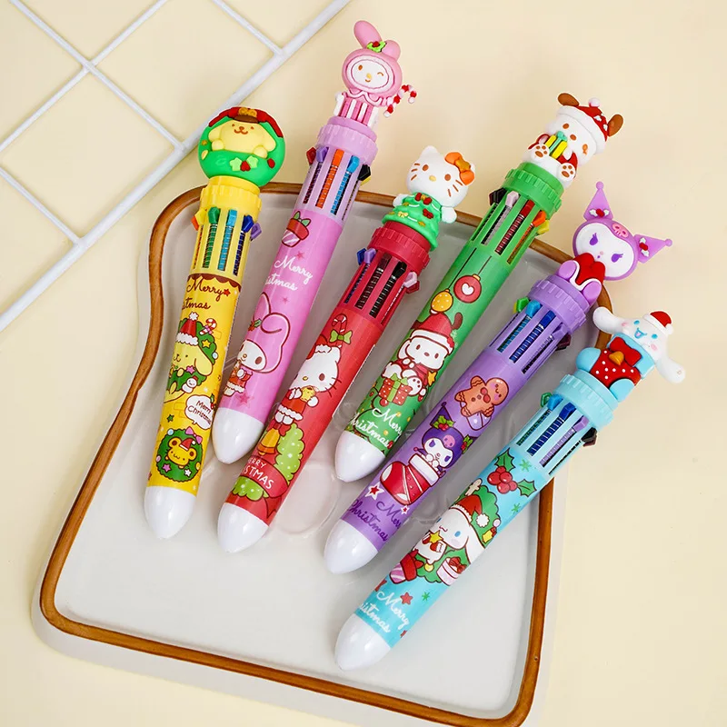 New 36pcs Sanrio Cartoon Soft Gum Christmas Ten Color Ballpoint Pen Cute Cinnamoroll Anime Kids Learning Stationery Wholesale