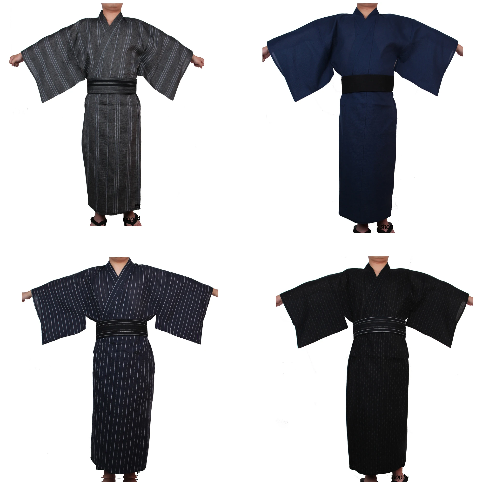 Japanese Traditional Samurai Kimono For Men Yukata Bathing Robe Hekoobi Loose Style Sauna Wear Homewear Belt Long Gown Cotton