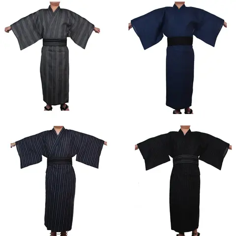Kimono tradizionale giapponese da samurai per uomo Yukata Accappatoio Hekoobi Stile allentato Sauna Indossare Homewear Cintura Abito lungo in cotone