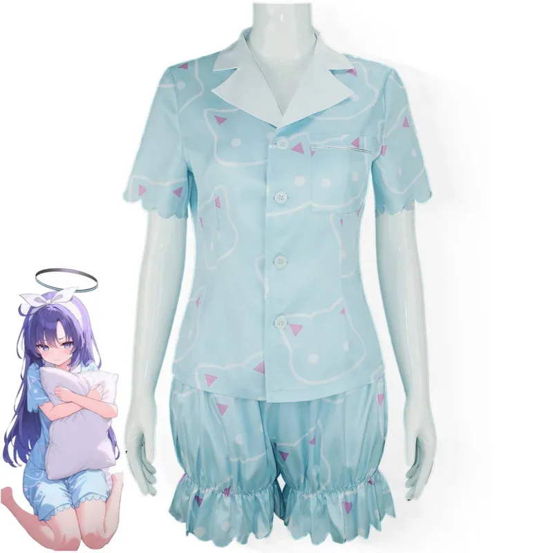 게임 아카이브 Hayase Yuuka 코스프레 의상 밀레니엄 과학 아카데미 블루 잠옷 반바지 가발 여성 섹시한 귀여운 데일리 슈트 vl;6