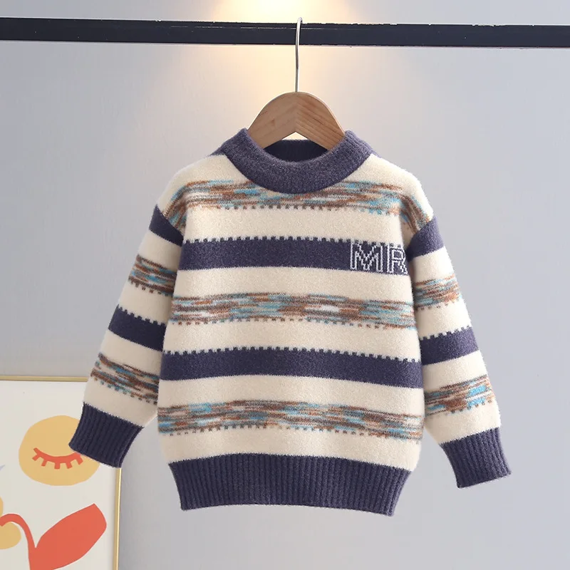 

2025 INS Fall Winter Little Boy Sweaters Cotton Striped Long Sleeve Kids Pullovers Round Collar Student Knitwear Clothes IY12212