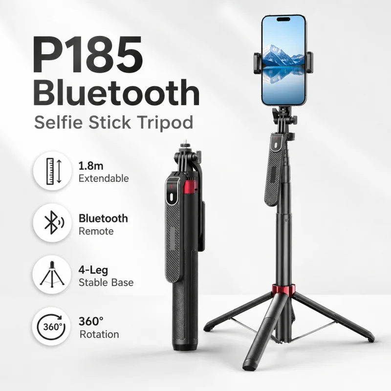 1.8M Bluetooth Selfie Stick Tripod with Remote, Portable Extendable Phone Holder Stand, Anti-Shake 4-Leg Tripod for iPhone Andro