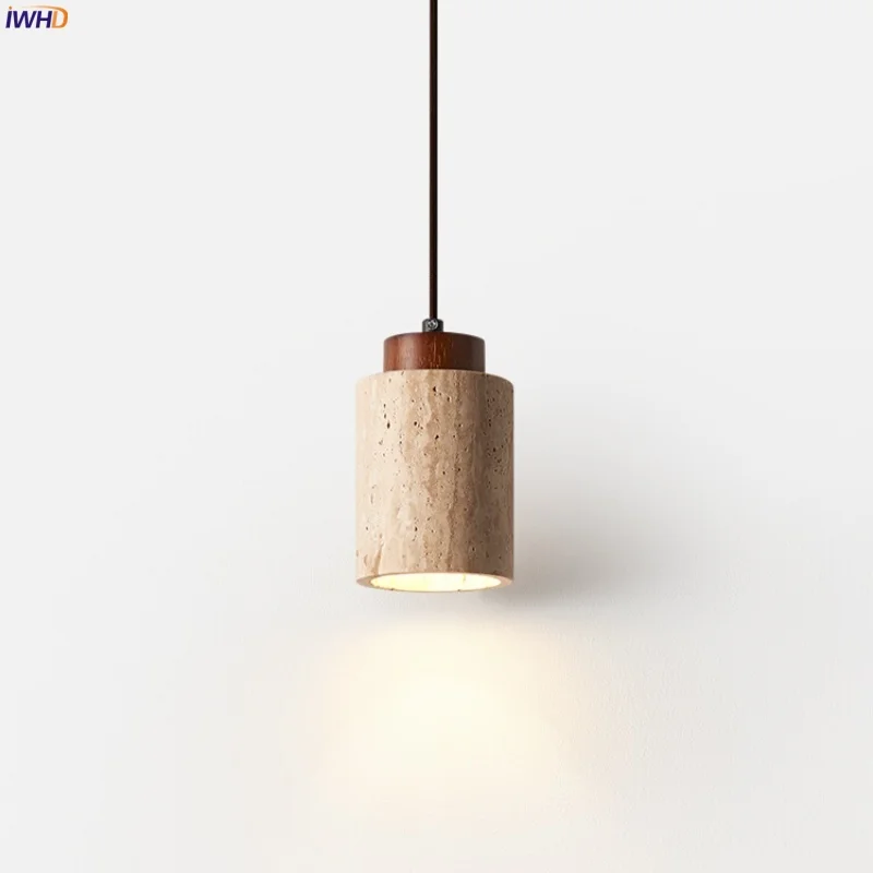 

IWHD Columnar Yellow Travertine LED Pendant Lamps Design Living Room Bedside Kitchen Loft Decor Vintage Hanging Light Lamparas
