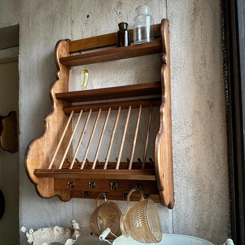 ‌Mid-Century Wood Wall Cabinet Floating Shelf for Kitchen Storage Vintage Hanging Cupboard Dishware Pantry Organizer