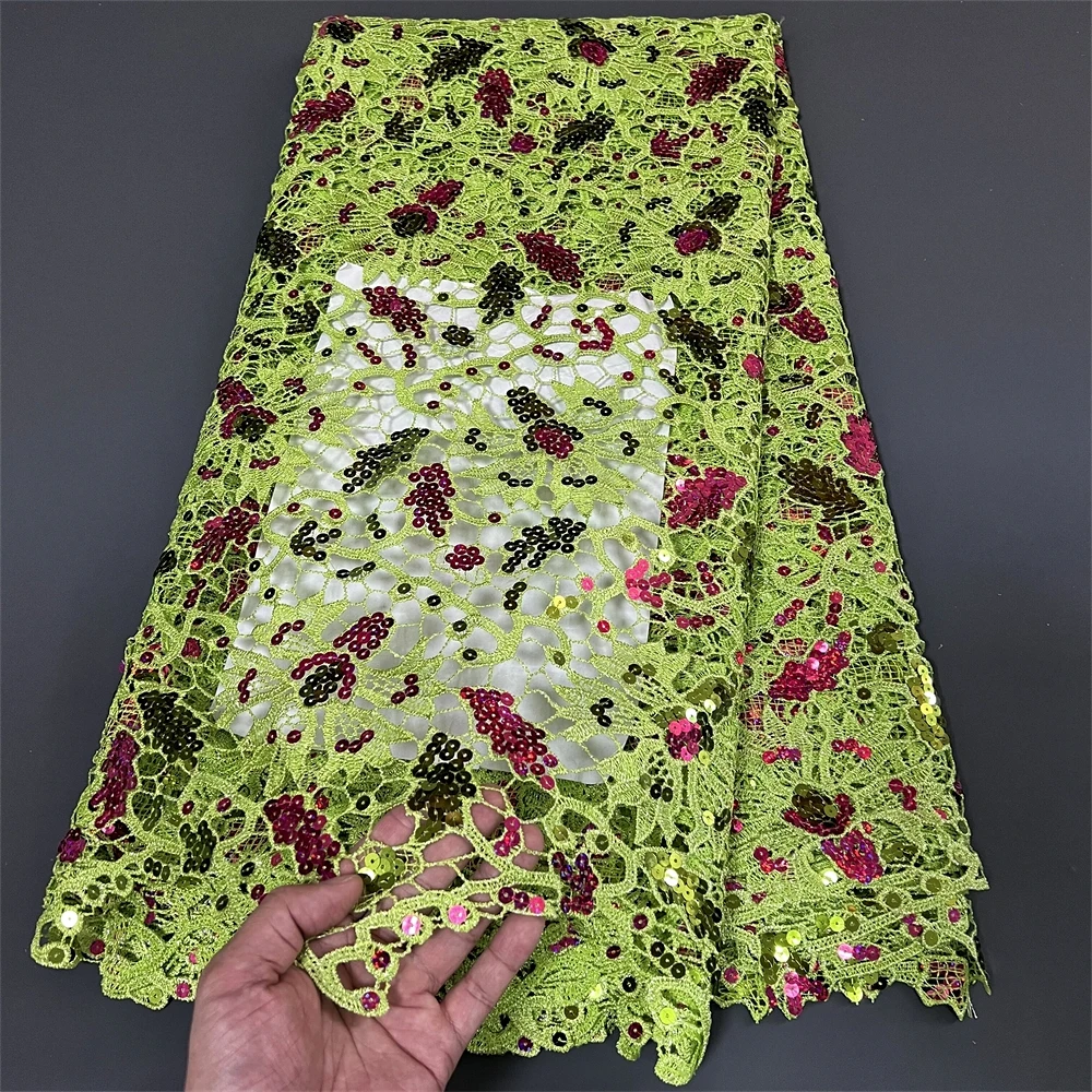 

2024High Quality African Nigerian Lace Fabric Embroidery Tulle Pure Wedding Party Dress Guipure SequinsFor Sewing Beads 5yards