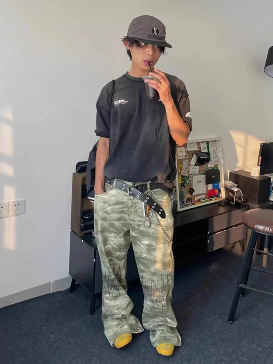 

Джинсы-клеш с камуфляжной вышивкой в американском уличном стиле, прямые, свободного кроя, в стиле хип-хоп, для мужчин и женщин, повседневные, широкие брюки