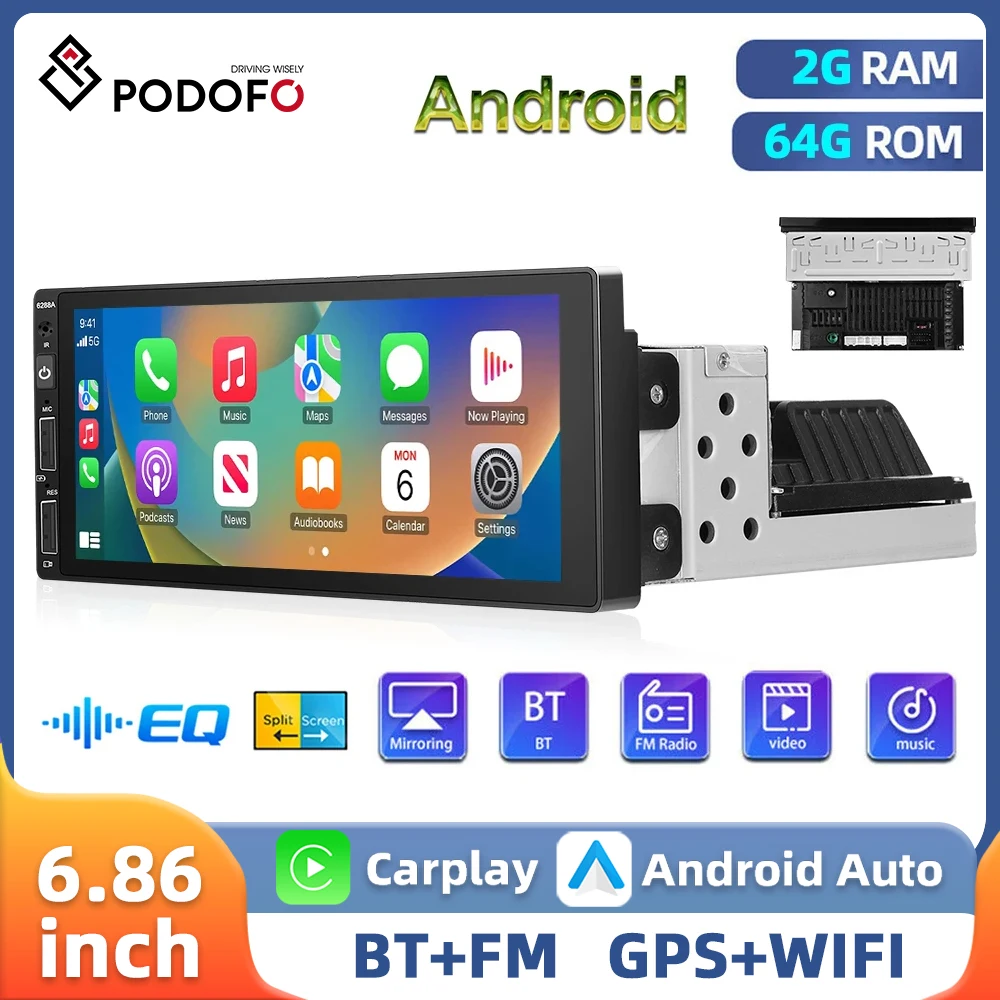 Podofo 6.86Inch 1Din Android Car Radio Multimedia Player 2+64G Carplay Android Auto WIFI Bluetooth FM GPS Navigation Car Stereo