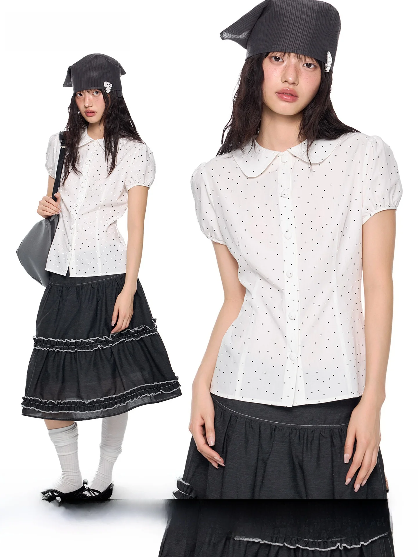 

Женская летняя повседневная приталенная футболка EZEK с рукавами-фонариками в горошек, с воротником-стойкой, короткий рукав, смесовый хлопок