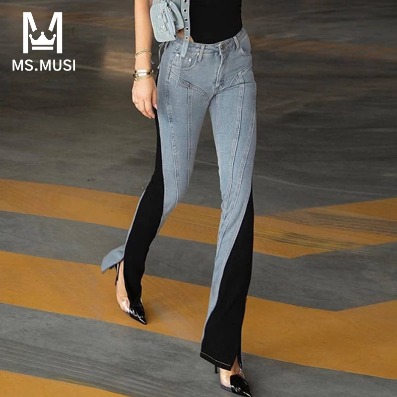 MSMUSI 2023 New Fashion Designer Women Sexy Lady Patchwork Stripe High Waist Denim Pant Party Club Bodycon Jeans Full Long Pant