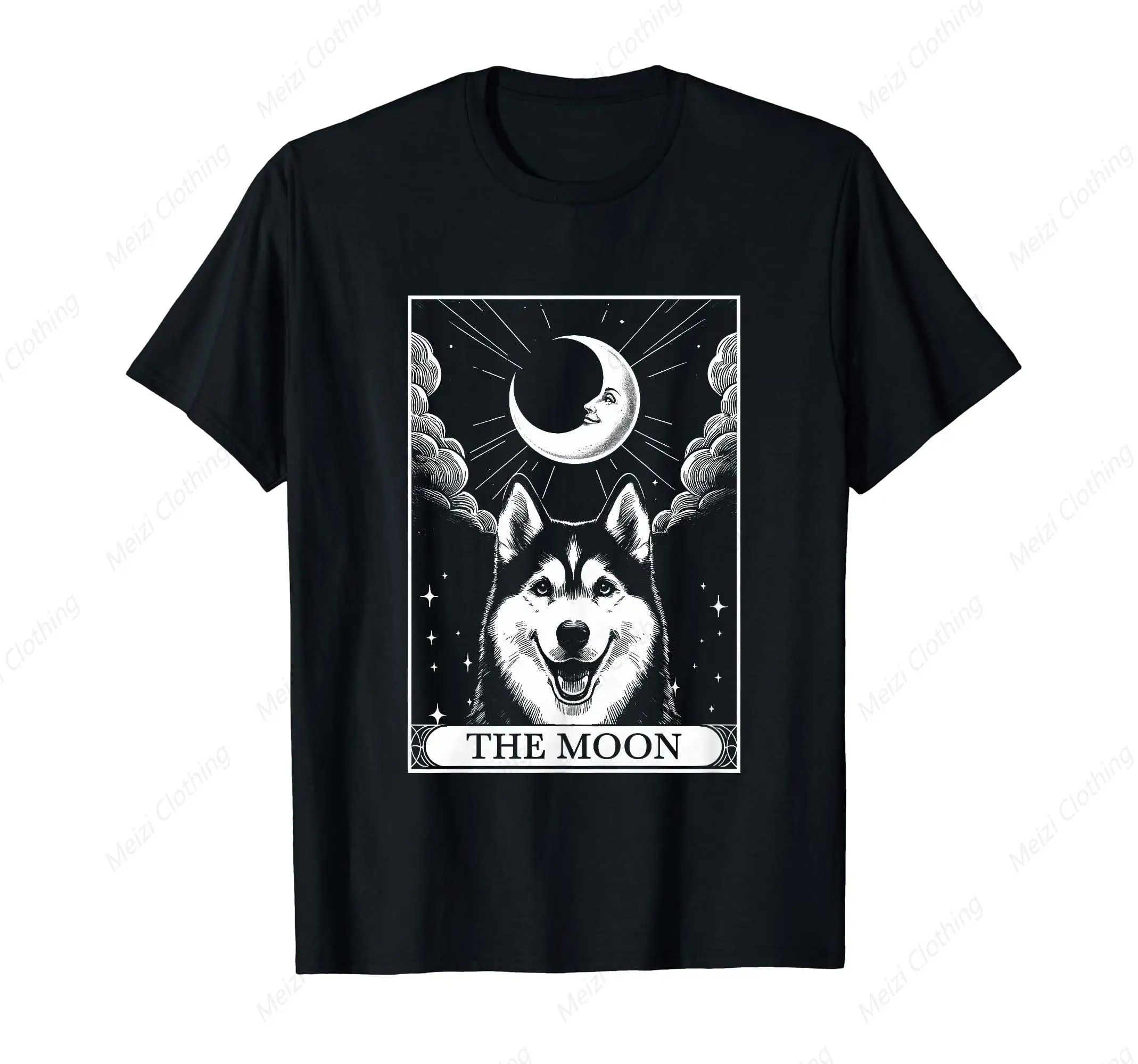 Tarot Card Retro Crescent Siberian Husky Dog Mom T-Shirt Fun Printed Shirt Pure Cotton Black Clothes