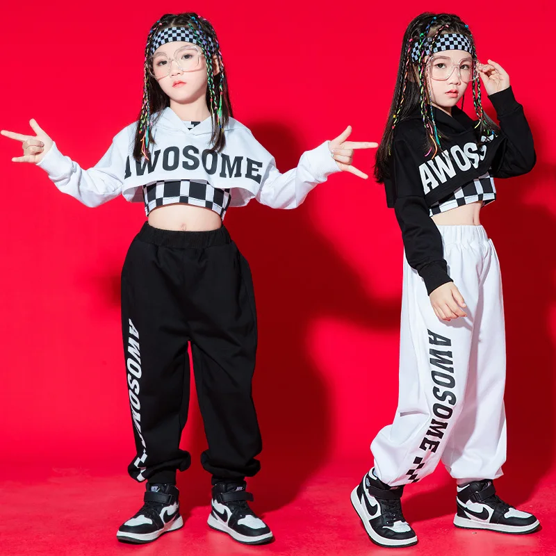 Kids Clothing Girls Jazz Dancing Outfits Letter Print Crop Tops Plaid Vest Casual Pant Set Hip Hop Dance Performance Stage Wear