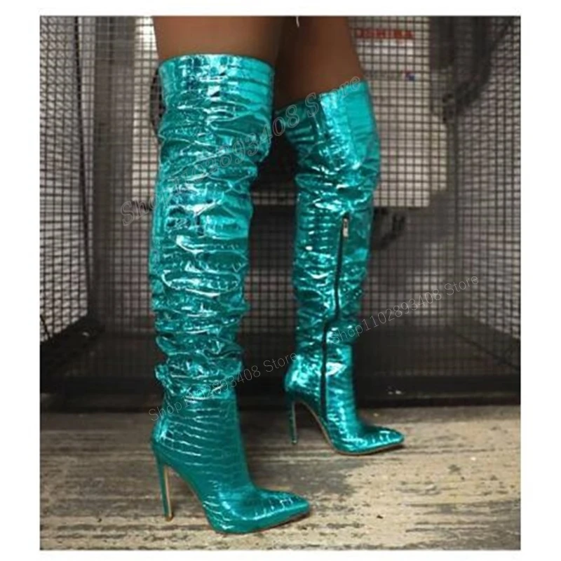 

Glitter Green Snakeprint Over the Knee Boots Side Zipper Pointed Toe Stiletto High Heel Women Shoes 2023 New Zapatos Para Mujere