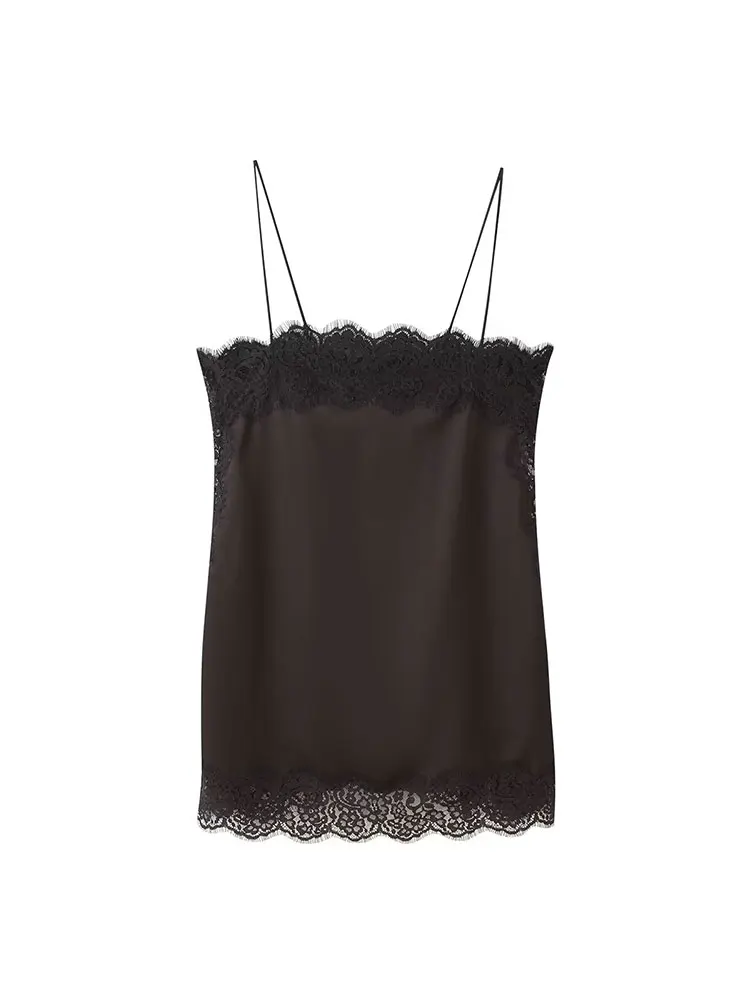 TFAFXY Vintage Casual Donna Marrone Abito in pizzo solido Cami Top corto Gonna lunga dritta allentata Nuova moda 2025 Set per le vacanze