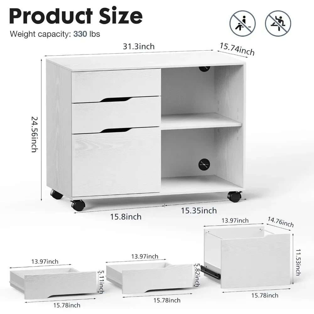 File Cabinet 3 Drawer - Printer Stand Lateral Mobile Under Desk Organizer Wooden with Wheels Adjustable Shelves for Home, Room