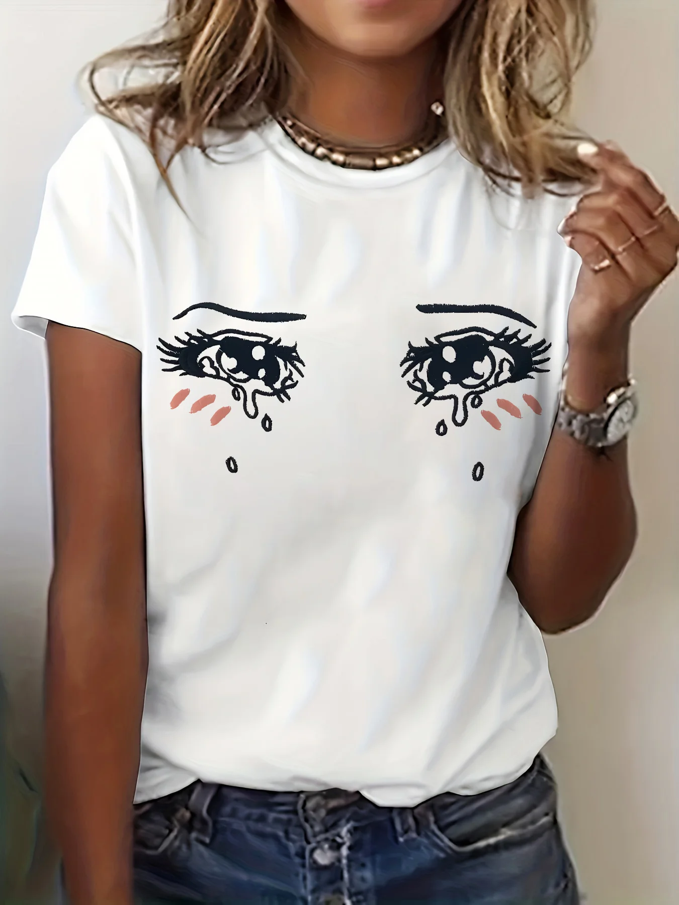 Women's Crying Eyes Cartoon Graphic Short Sleeve Crew Neck Casual with Black White Design Fabric for Spring Aesthetic Clothes