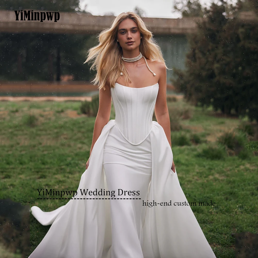 여성을위한 맞춤형 럭셔리 Strapless 인어 웨딩 드레스 2 조각 새틴 스윕 기차 신부 빈티지 신부 가운 Vestidos