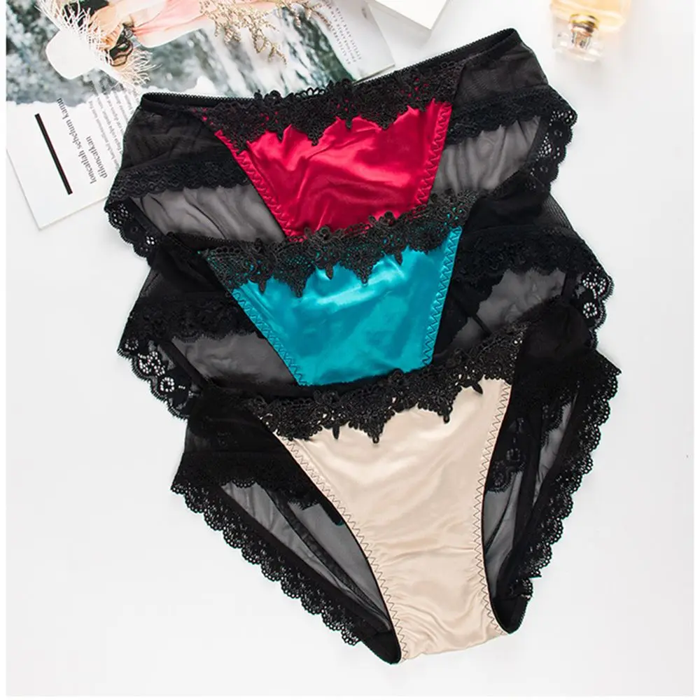 

Sumptuous Solid Color Satin Lingerie Net Hollow Out Lace Underwear Panties Briefs