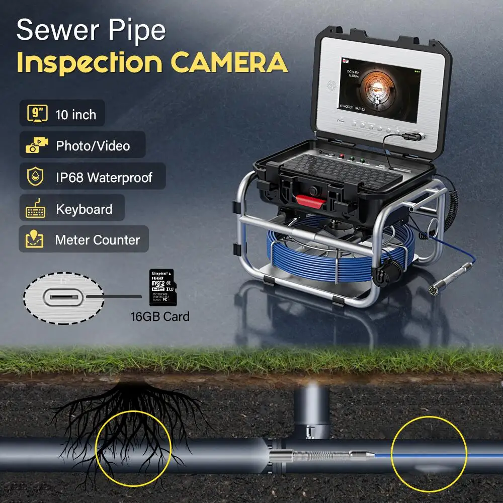 

sewer camera 10 in screen - pipe inspection camera, self-leveling 512hz locator 5x zoom, meter counter, drain camera
