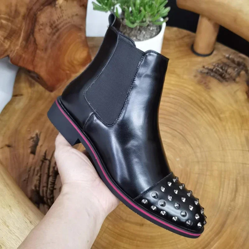 Chelsea Boots Black Rivet Punk Square Toe Slip-On Handmade Low-heeled Men Boots  Business Men Shoes