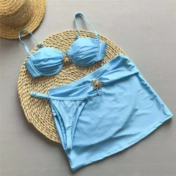 Light Blue Micro Bikini Thong Pushup Sexy Swimsuit Cover Ups Women Sun Metal Buckle Swimwear Bathing Suit Bikinis Sets 2025 New