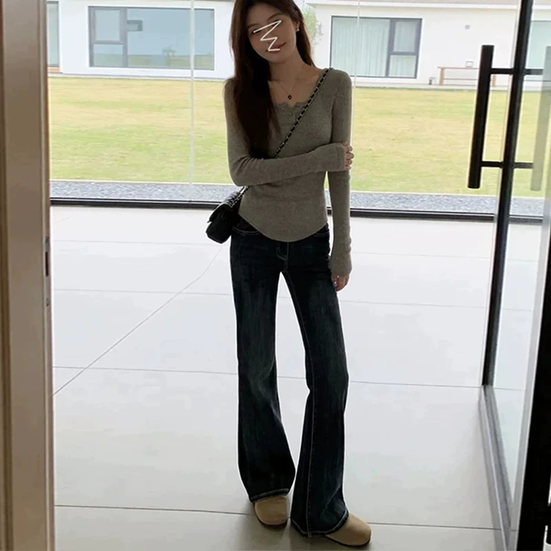 High Waist Loose Fit Slimming Blue Grey American Style Bell Bottom Jeans Women's Autumn New Arrival Not Tight on Legs