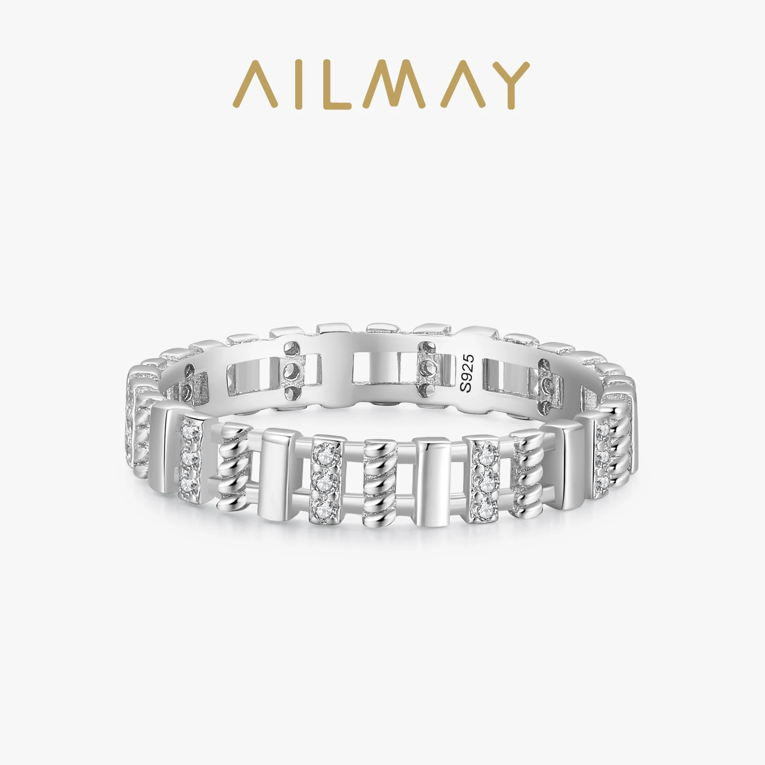 Ailmay  Clear Zircon Braided Texture Rectangle Finger Ring For Women Authentic 925 Sterling Silver Simple Geometric Fine Jewelry