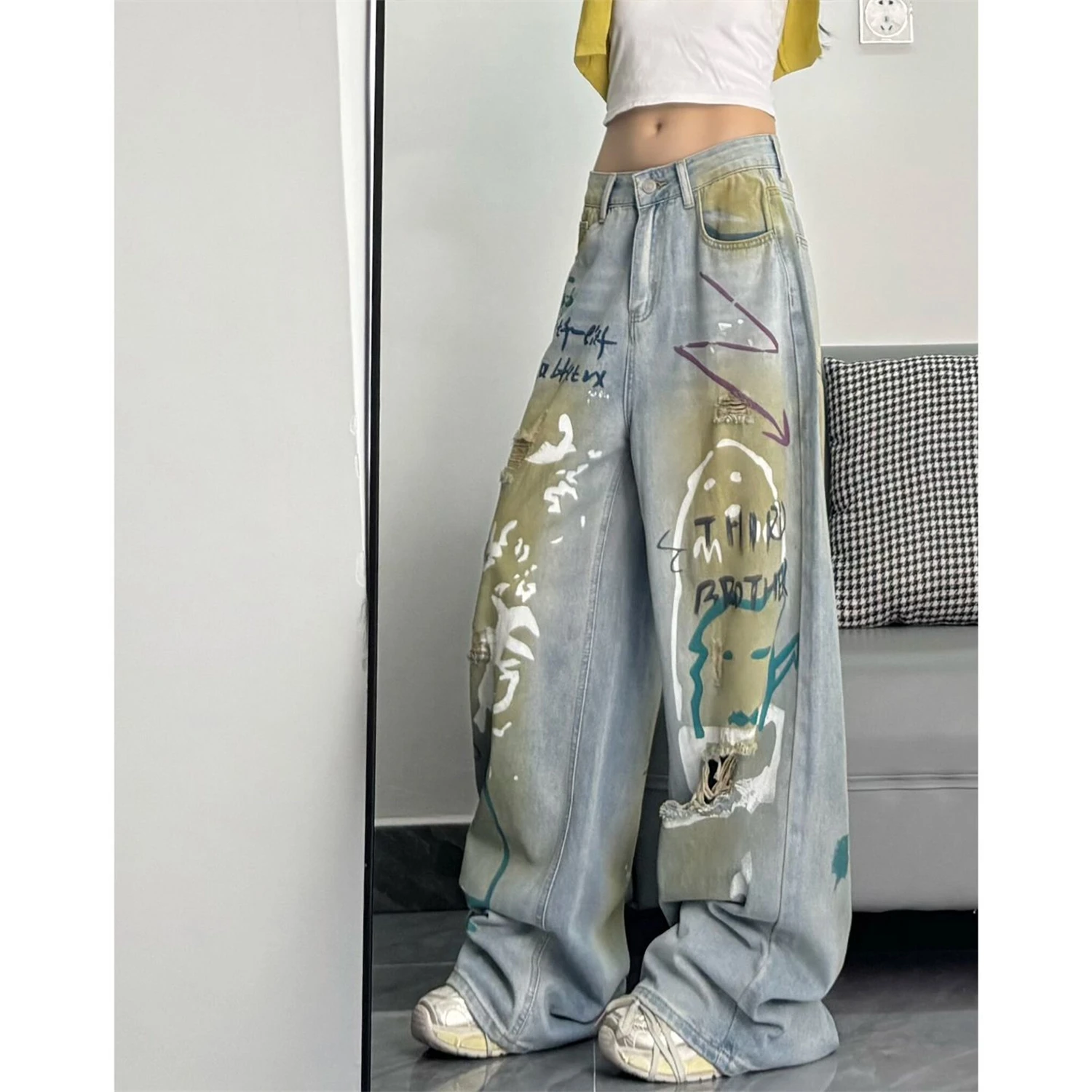 Women's High Waist Wide Leg Light Blue Jeans Graffiti Print Distressed Ripped Vintage Washed Y2K Streetwear Denim Trousers