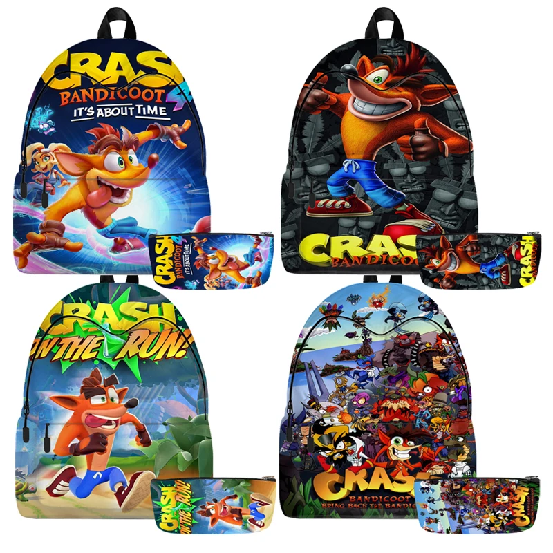 

Crash Bandicoot On the Run Backpack 2pcs/set Student Back to School 3D Back Bag Pack Boys Girls Kids Travel Backpack