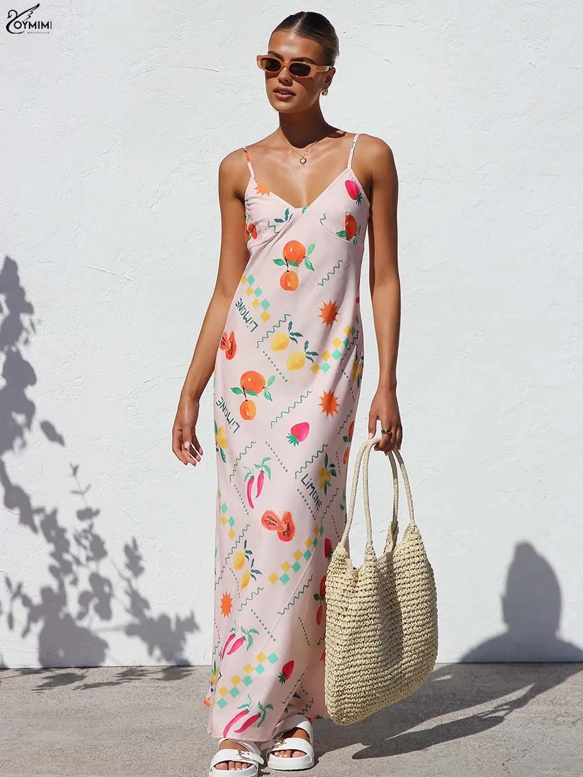 

Oymimi Elegant Pink Print Women's Dress Fashion Spaghetti Strap Open Back Dresses Casual Straight Ankle-Length Dresses Female