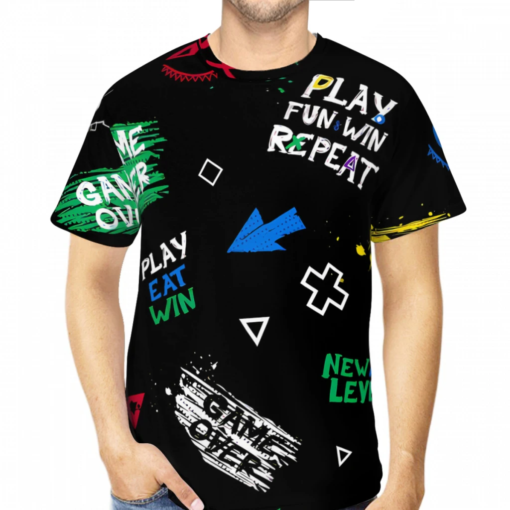 Game Over Play Cartoon Game Pads Repeat Ornament Polyester 3D Print Cross Crucifixion Men's T Shirt Outdoor Sports Clothes Tees