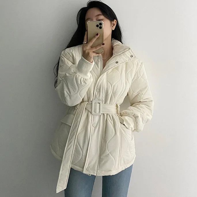 Casual Single 2025 Winter Fashion New Women's Warm Plaid Solid Color Cotton Coat Series Waist Breasted Stand Up Collar Coat