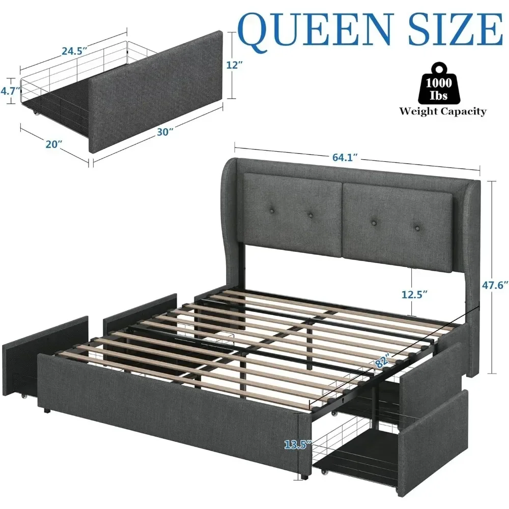 Upholstered LED Bed Frame with Wingback Headboard, Platform Bed Frame with Storage, No Box Spring Needed, No-Noise,Easy Assembly