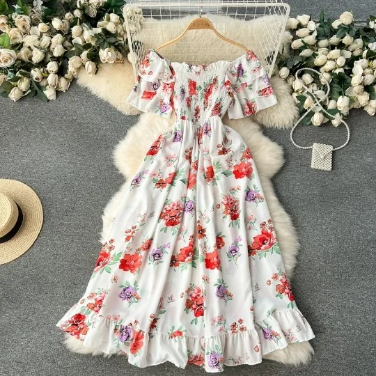 

Dress Women Long Dresses A Line Print Floral Vestidos Y2k Streetwear Off Shoulder Sleeveless Elegant Slim Part Night 2025 Beach
