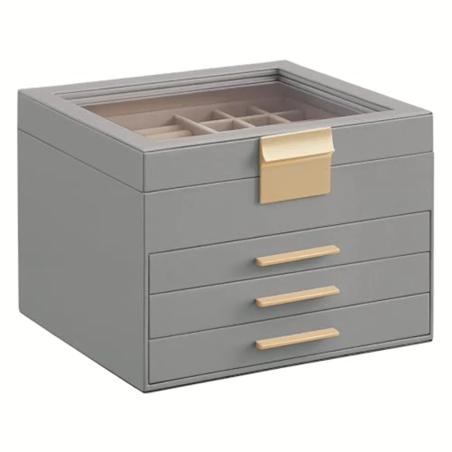 

Jewelry Box Organizer with Glass Lid 4-Layer Jewelry Storage with 3 Drawers Modern Style 8 x 9.1 x 6.5 Inches Dove Gray and Gol